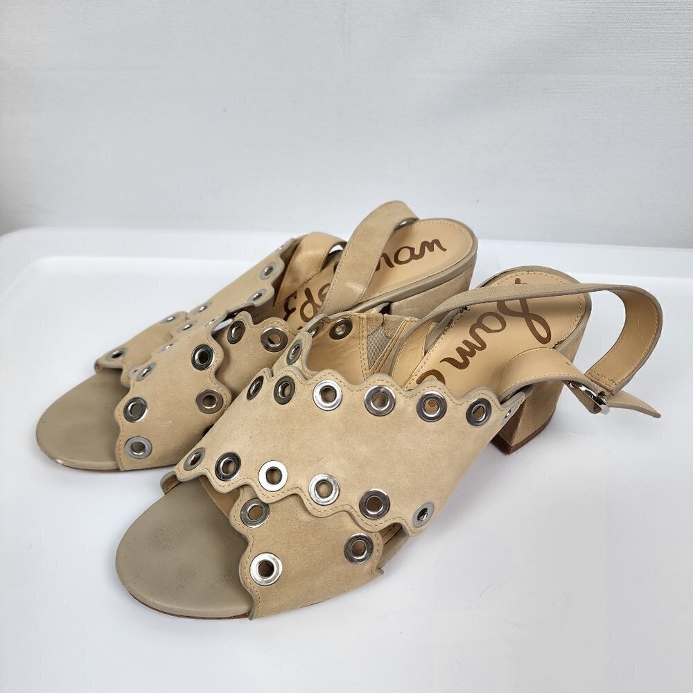 Sam Edelman Seana Beige Suede Grommet Scalloped Block Heel Sandals Womens 8.5M